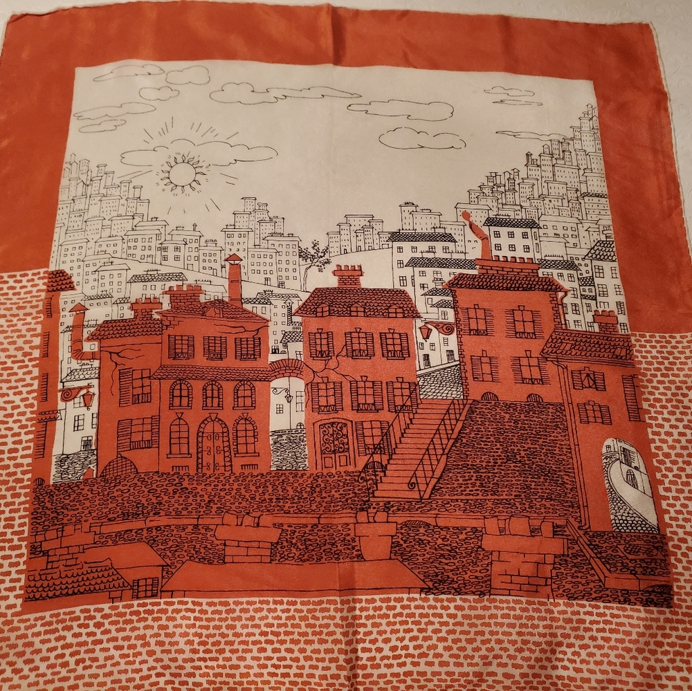 Carol Stanley Pure Silk Handkerchief Hand Rolled Edges Citiscape Rust/Ivory